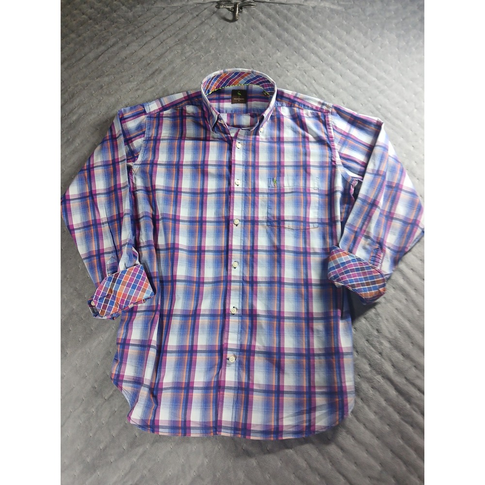 Tailorbyrd Mens Large Plaid Button Down Shirt Purple Blue Orange Flamingo Logo